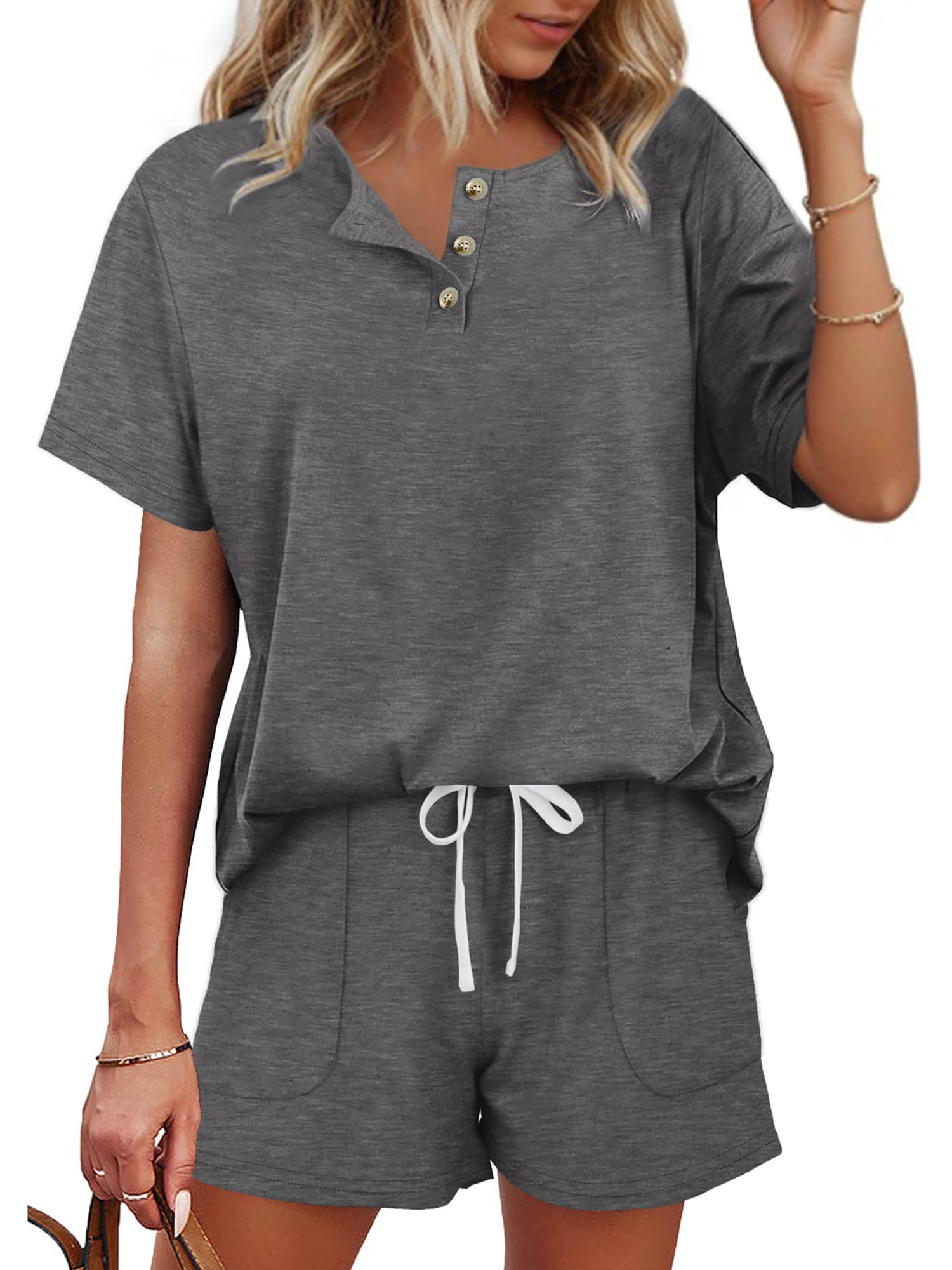 MOSHU Womens Pajamas Sets Button Down Tops and Drawstring Shorts With Pockets Two Piece Lounge Sets Oufits