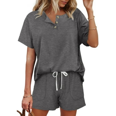 MOSHU Womens Pajamas Sets Button Down Tops and Drawstring Shorts With Pockets Two Piece Lounge Sets Oufits