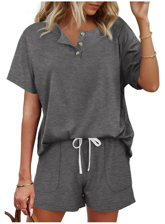 Womens Pajamas Sets Button Down Tops and Drawstring Shorts With Pockets Two Piece Lounge Sets Oufits