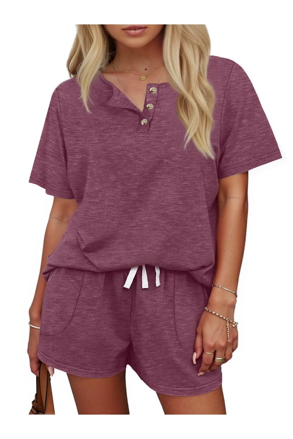 Womens Pajamas Sets Button Down Tops and Drawstring Shorts With Pockets Two Piece Lounge Sets Oufits