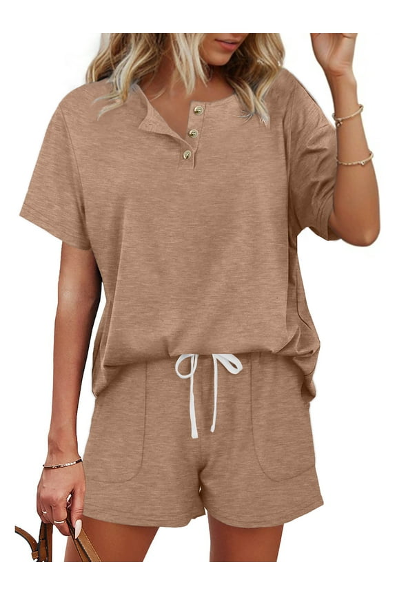 Womens Pajamas Sets Button Down Tops and Drawstring Shorts With Pockets Two Piece Lounge Sets Oufits