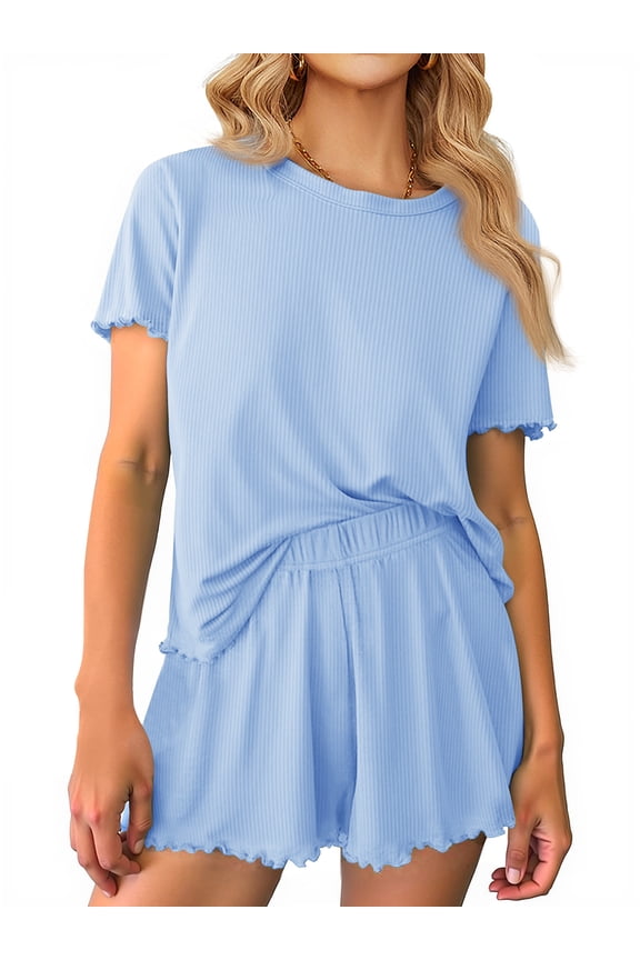 Womens Pajamas Sets Ribbed Knits Tops and Elasticated Waist Shorts with Pocket Ruffle Edge Lounge Sets