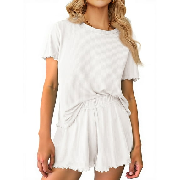 MOSHU Womens Pajamas Sets Ribbed Knits Tops and Elasticated Waist Shorts with Pocket Ruffle Edge Lounge Sets