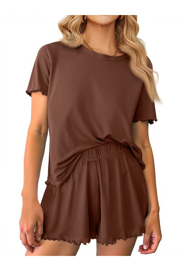 Womens Pajamas Sets Ribbed Knits Tops and Elasticated Waist Shorts with Pocket Ruffle Edge Lounge Sets