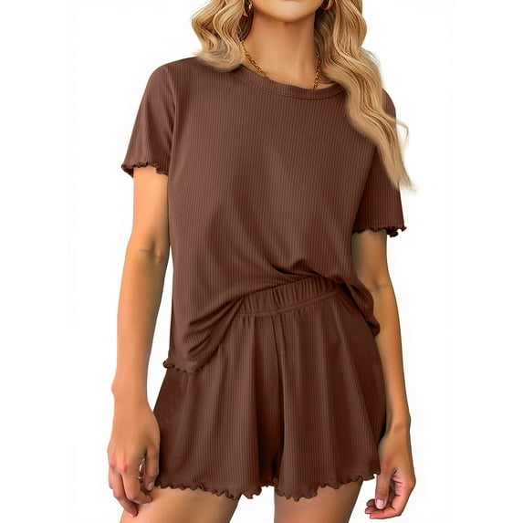 MOSHU Womens Pajamas Sets Ribbed Knits Tops and Elasticated Waist Shorts with Pocket Ruffle Edge Lounge Sets
