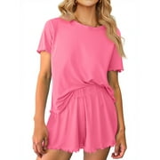 MOSHU Womens Pajamas Sets Ribbed Knits Tops and Elasticated Waist Shorts with Pocket Ruffle Edge Lounge Sets