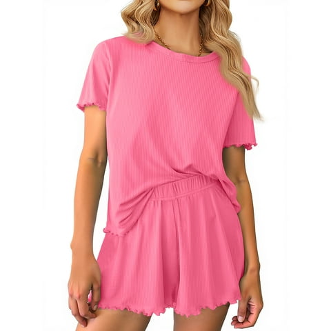 Womens Pajamas Sets Ribbed Knits Tops and Elasticated Waist Shorts with Pocket Ruffle Edge Lounge Sets