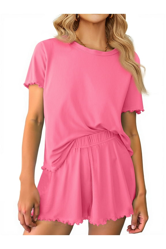 Womens Pajamas Sets Ribbed Knits Tops and Elasticated Waist Shorts with Pocket Ruffle Edge Lounge Sets