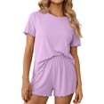 thumbnail image 1 of MOSHU Womens Pajamas Sets Ribbed Knits Tops and Elasticated Waist Shorts with Pocket Ruffle Edge Lounge Sets, 1 of 10