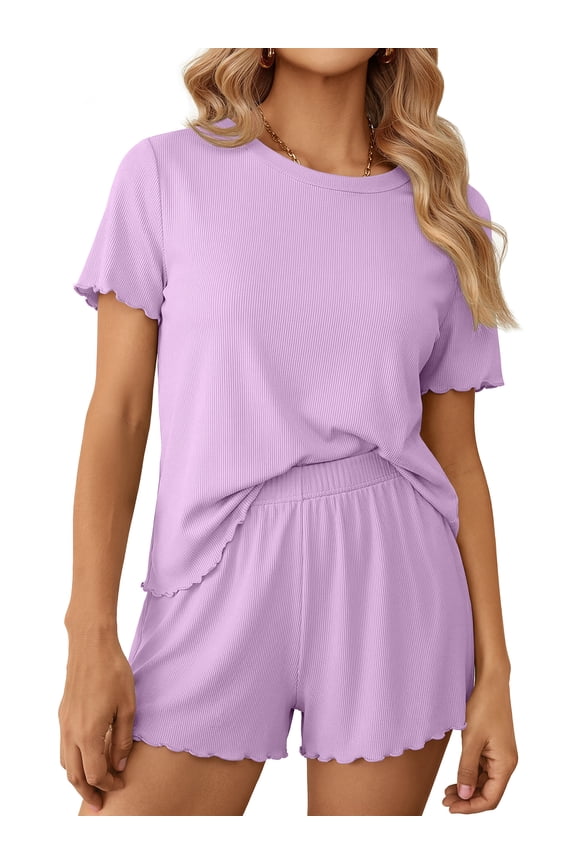 Womens Pajamas Sets Ribbed Knits Tops and Elasticated Waist Shorts with Pocket Ruffle Edge Lounge Sets