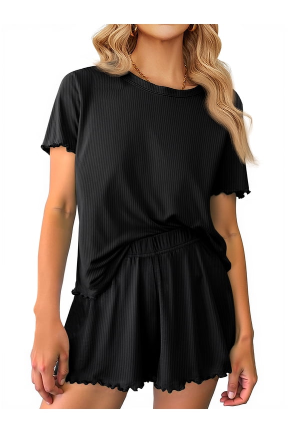 Womens Pajamas Sets Ribbed Knits Tops and Elasticated Waist Shorts with Pocket Ruffle Edge Lounge Sets