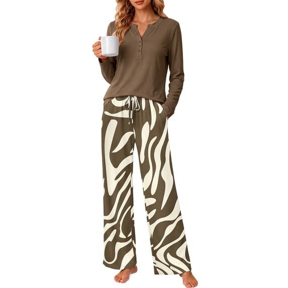 MOSHU Womens Pajamas Sets V Neck Buttons Long Sleeve Tops add Printed Drawstring Pants with Pockets Casual Lounge Sets for Women