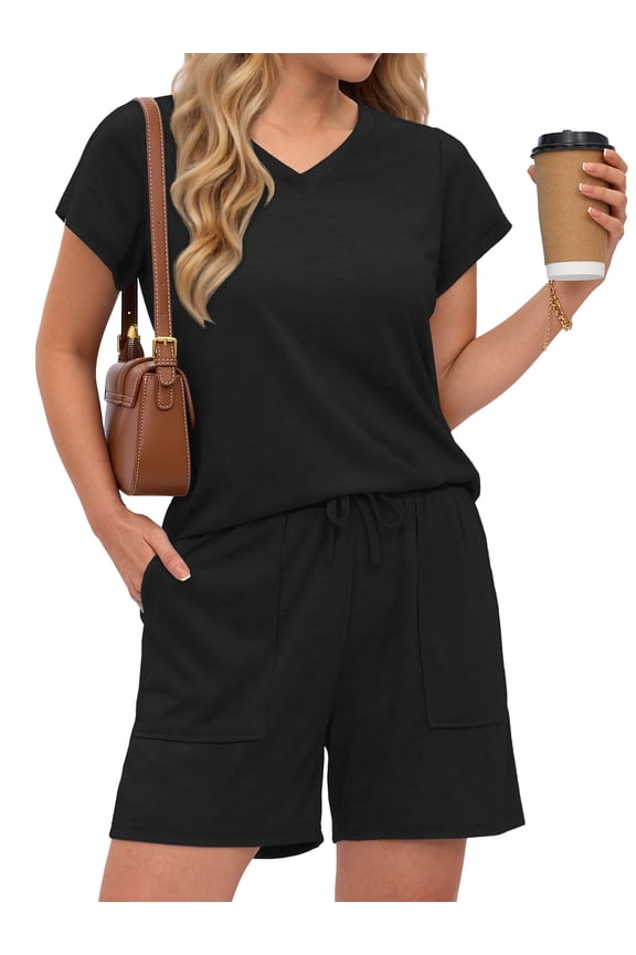 Womens Pajamas Sets V Neck Tops and Drawstring Shorts Sets with Pockets Two Piece Lounge Sets Oufits
