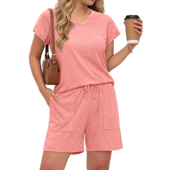 MOSHU Womens Pajamas Sets V Neck Tops and Drawstring Shorts Sets with Pockets Two Piece Lounge Sets Oufits