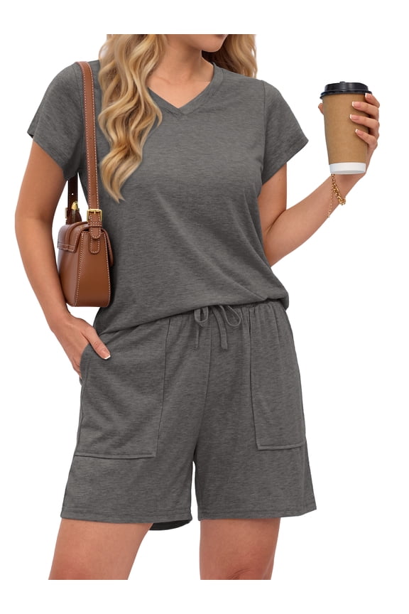 Womens Pajamas Sets V Neck Tops and Drawstring Shorts Sets with Pockets Two Piece Lounge Sets Oufits