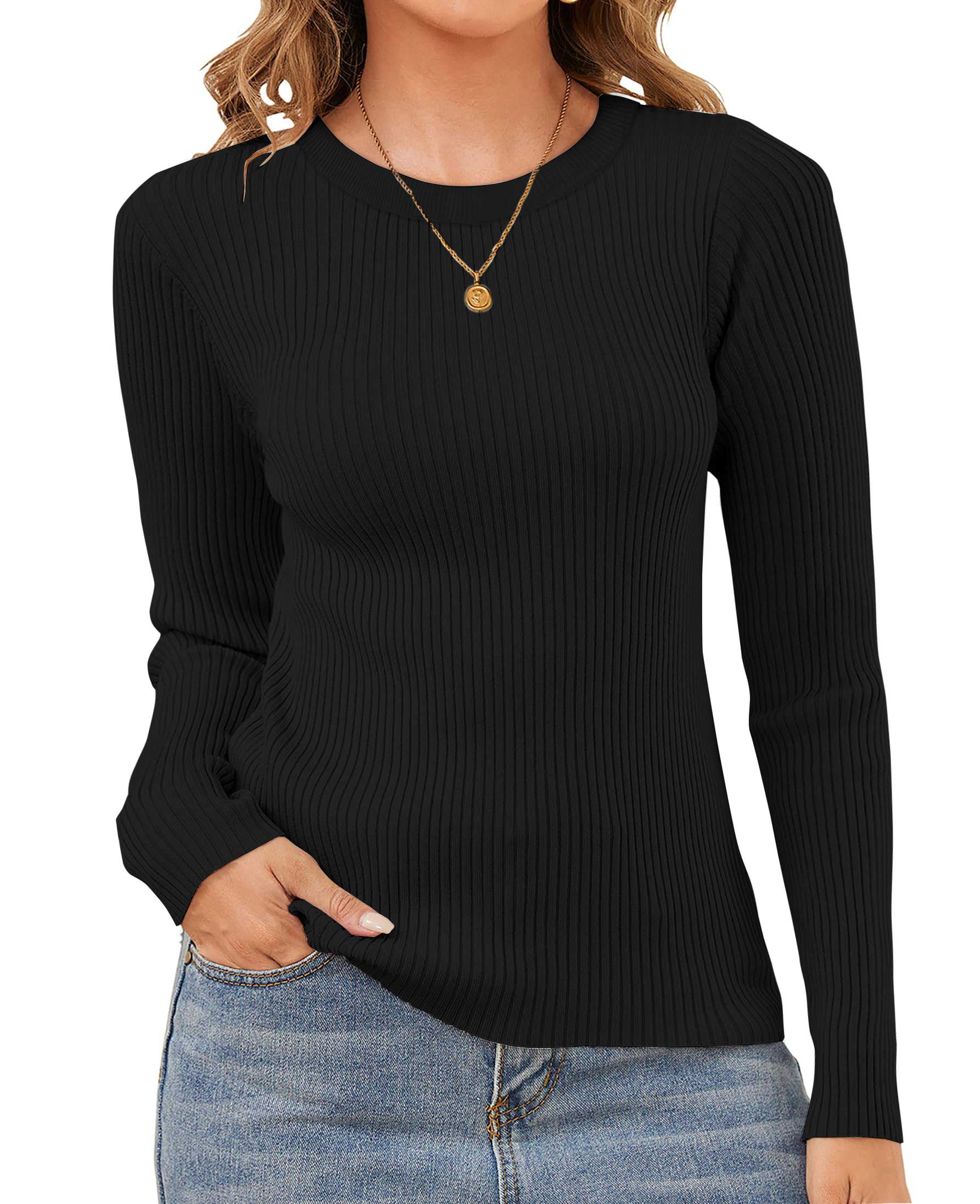 MOSHU Womens Sweaters Ribbed Knit Long Sleeve Shirts Slim Fit Pullover ...