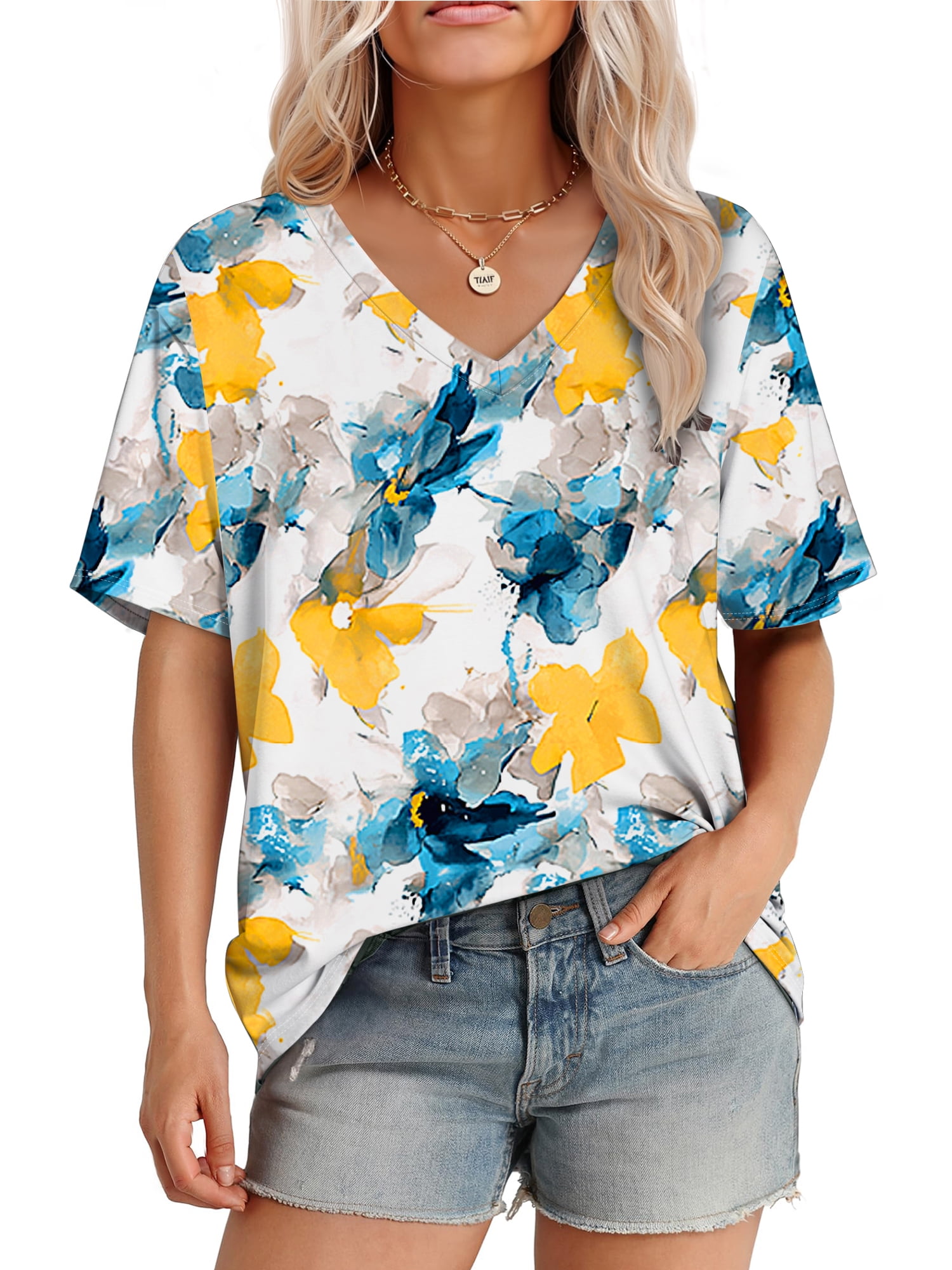 MOSHU Womens T-Shirts V Neck Short Sleeve Loose Tees Tops Casual Tie ...