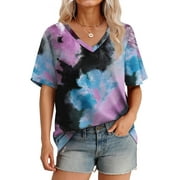MOSHU Womens T-Shirts V Neck Short Sleeve Loose Tees Tops Casual Print Shirts for Women