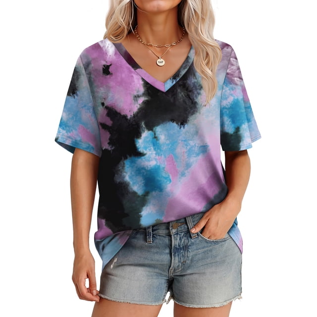 MOSHU Womens T-Shirts V Neck Short Sleeve Loose Tees Tops Casual Print ...
