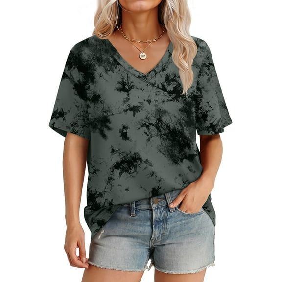 MOSHU Womens T-Shirts V Neck Short Sleeve Loose Tees Tops Casual Print Shirts for Women
