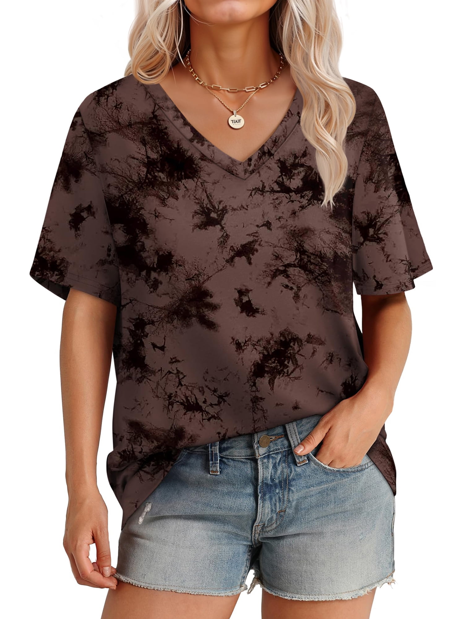 MOSHU Womens T-Shirts V Neck Short Sleeve Loose Tees Tops Casual Tie Dye Shirts for Women