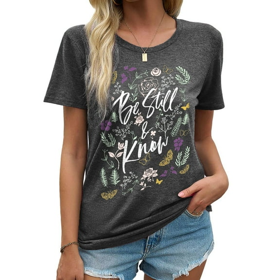 MOSHU Womens T-shirts Round Neck Shirts for Women Short Sleeve Loose Graphic Tees