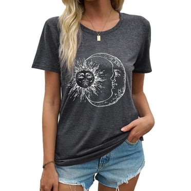 MOSHU Womens T-shirts Round Neck Shirts for Women Short Sleeve Loose Graphic Tees