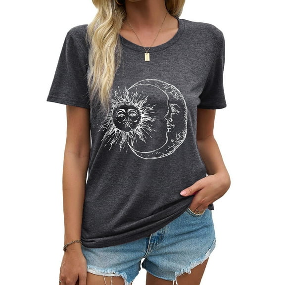 MOSHU Womens T-shirts Round Neck Shirts for Women Short Sleeve Loose Graphic Tees