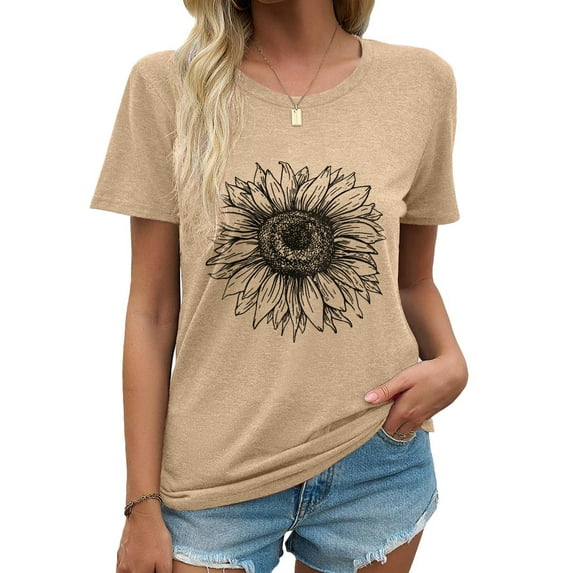 MOSHU Womens T-shirts Round Neck Shirts for Women Short Sleeve Loose Graphic Tees