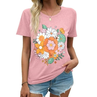 MOSHU Womens T-shirts Round Neck Shirts for Women Short Sleeve Loose Graphic Tees