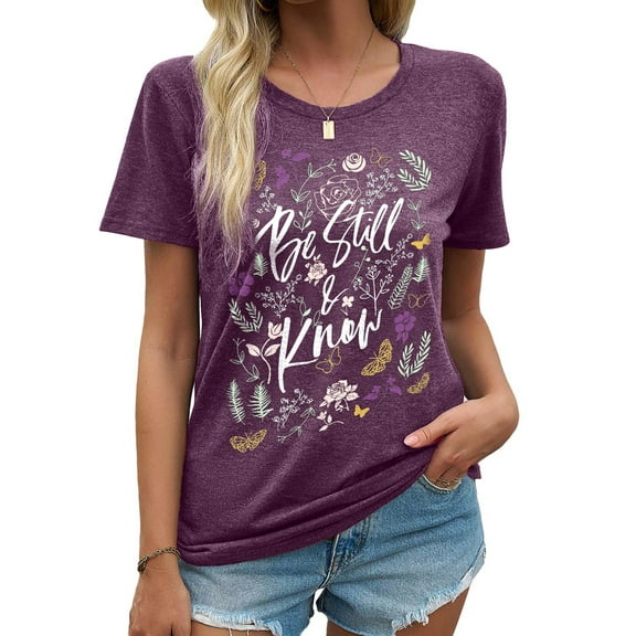 MOSHU Womens T-shirts Round Neck Shirts for Women Short Sleeve Loose Graphic Tees