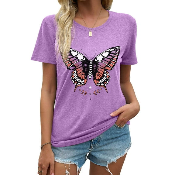 MOSHU Womens T-shirts Round Neck Shirts for Women Short Sleeve Loose Graphic Tees