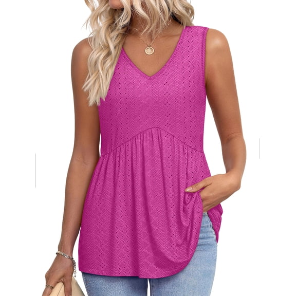 MOSHU Womens Tank Tops Eyelet Sleeveless Tops for Women Dressy V Neck Babydoll Tank Tops Flowy Summer Shirts