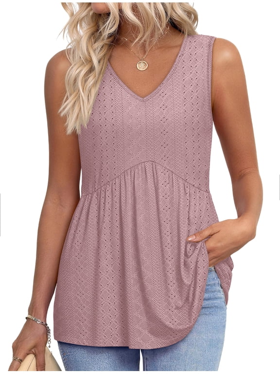Womens Tank Tops Eyelet Sleeveless Tops for Women Dressy V Neck Babydoll Tank Tops Flowy Summer Shirts