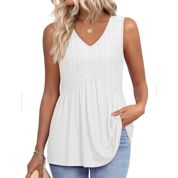 MOSHU Womens Tank Tops Eyelet Sleeveless Tops for Women Dressy V Neck Babydoll Tank Tops Flowy Summer Shirts