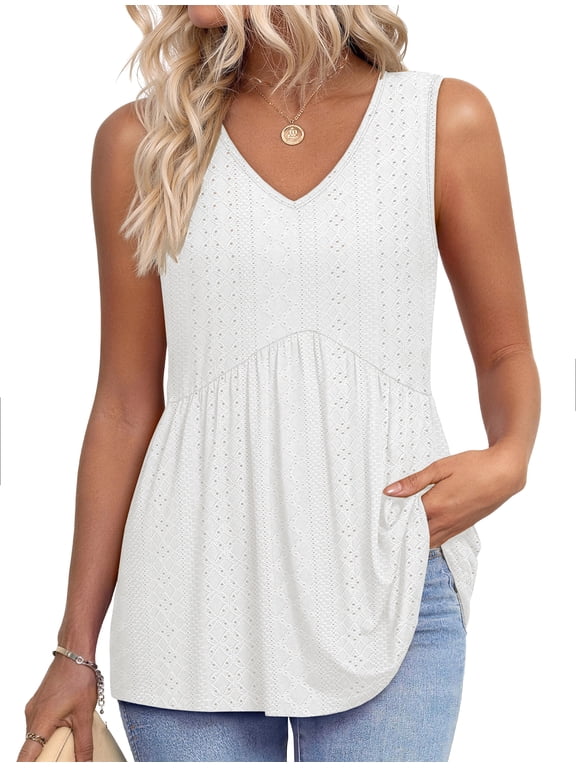 Womens Tank Tops Eyelet Sleeveless Tops for Women Dressy V Neck Babydoll Tank Tops Flowy Summer Shirts