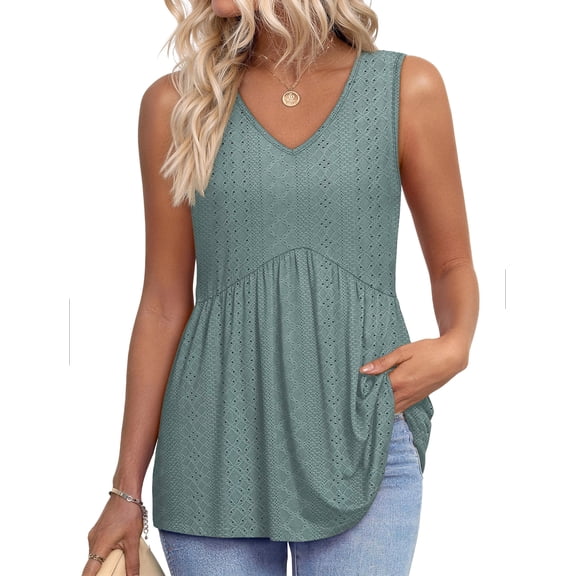MOSHU Womens Tank Tops Eyelet Sleeveless Tops for Women Dressy V Neck Babydoll Tank Tops Flowy Summer Shirts