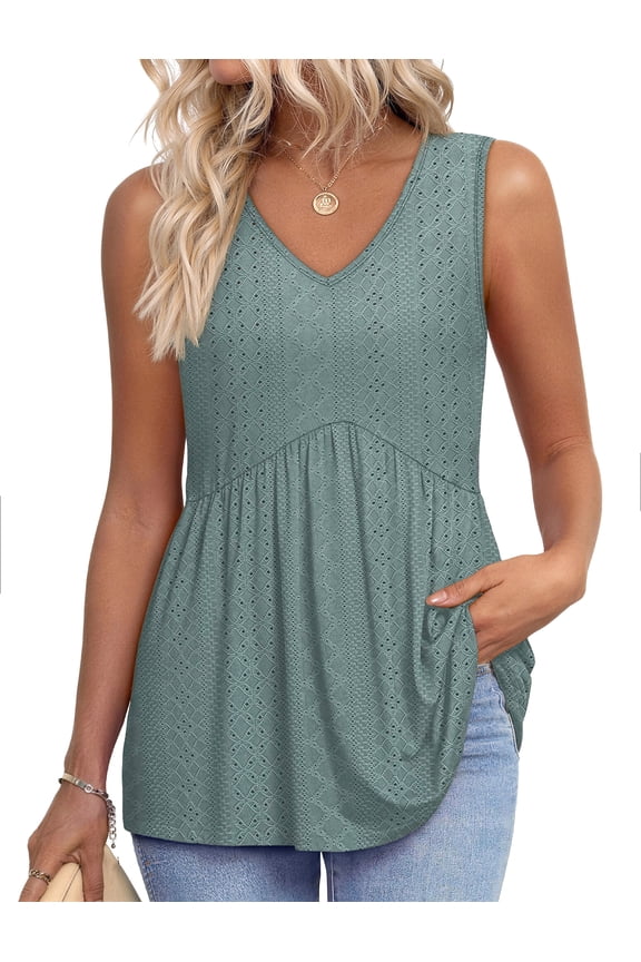 Womens Tank Tops Eyelet Sleeveless Tops for Women Dressy V Neck Babydoll Tank Tops Flowy Summer Shirts