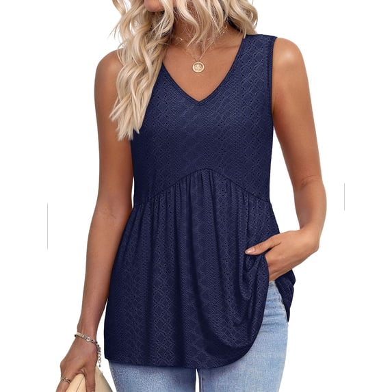 MOSHU Womens Tank Tops Eyelet Sleeveless Tops for Women Dressy V Neck Babydoll Tank Tops Flowy Summer Shirts