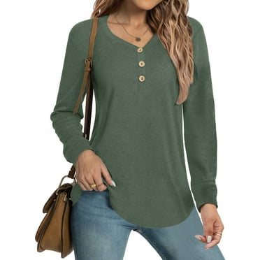 MOSHU V-neck T Shirts for Women Casual Long Sleeve Tunic Tops Curve Hem Fall Button Shirts