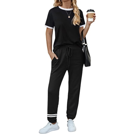 MOSHU Womens Two Piece Outfits Short Sleeve Color Block Tops Long Pants with Drawstring Tracksuit Jogger Sets