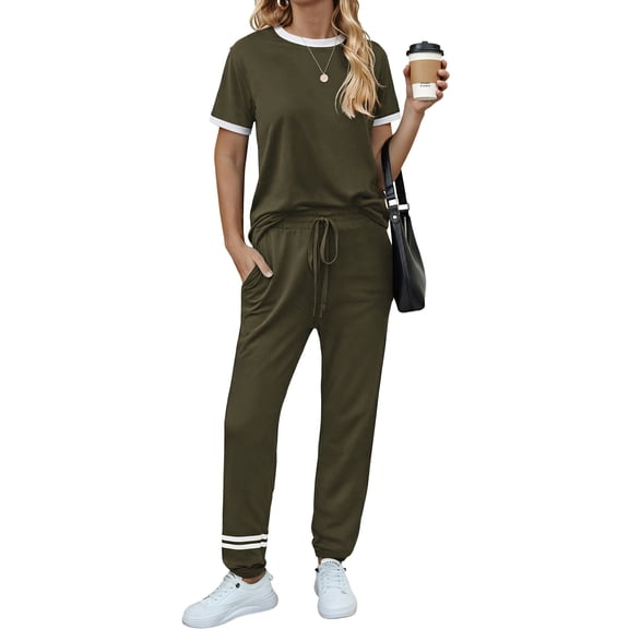 MOSHU Womens Two Piece Outfits Short Sleeve Color Block Tops Long Pants with Drawstring Tracksuit Jogger Sets