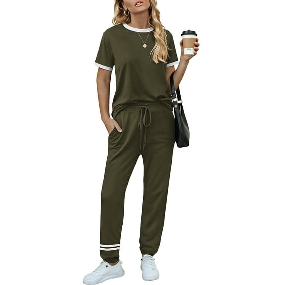MOSHU Womens Two Piece Outfits Short Sleeve Color Block Tops Long Pants with Drawstring Tracksuit Jogger Sets