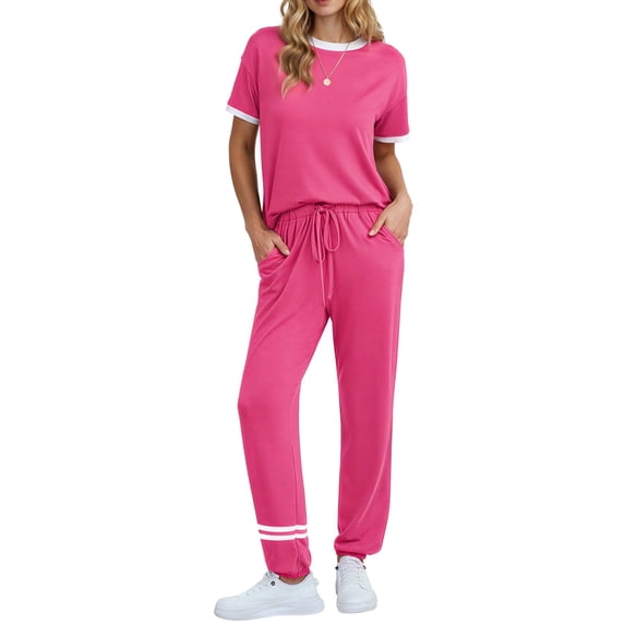 MOSHU Womens Two Piece Outfits Short Sleeve Color Block Tops Long Pants with Drawstring Tracksuit Jogger Sets