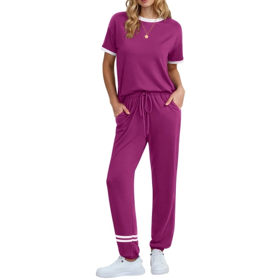 MOSHU Womens Two Piece Outfits Short Sleeve Color Block Tops Long Pants with Drawstring Tracksuit Jogger Sets