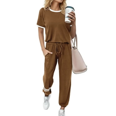 MOSHU Womens Two Piece Outfits Short Sleeve Color Block Tops Long Pants with Drawstring Tracksuit Jogger Sets