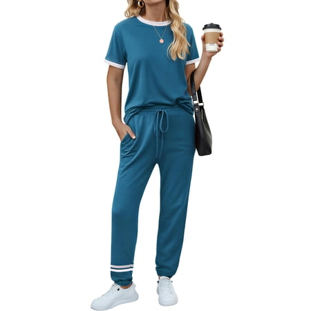 MOSHU Womens Two Piece Outfits Short Sleeve Color Block Tops Long Pants with Drawstring Tracksuit Jogger Sets