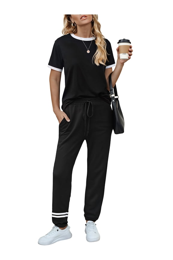 Womens Two Piece Outfits Short Sleeve Color Block Tops Long Pants with Drawstring Tracksuit Jogger Sets