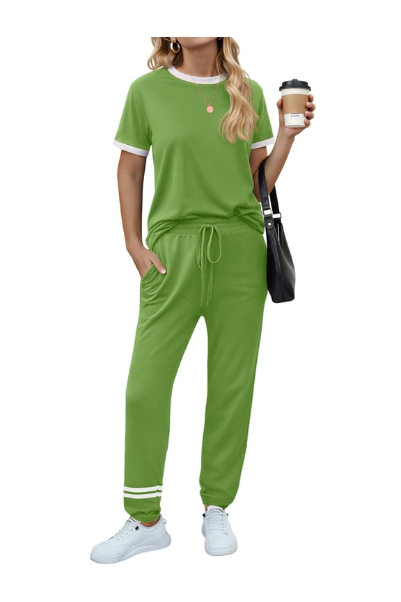 Womens Two Piece Outfits Short Sleeve Color Block Tops Long Pants with Drawstring Tracksuit Jogger Sets