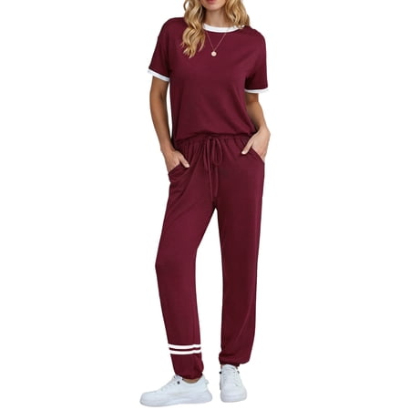 MOSHU Womens Two Piece Outfits Short Sleeve Color Block Tops Long Pants with Drawstring Tracksuit Jogger Sets